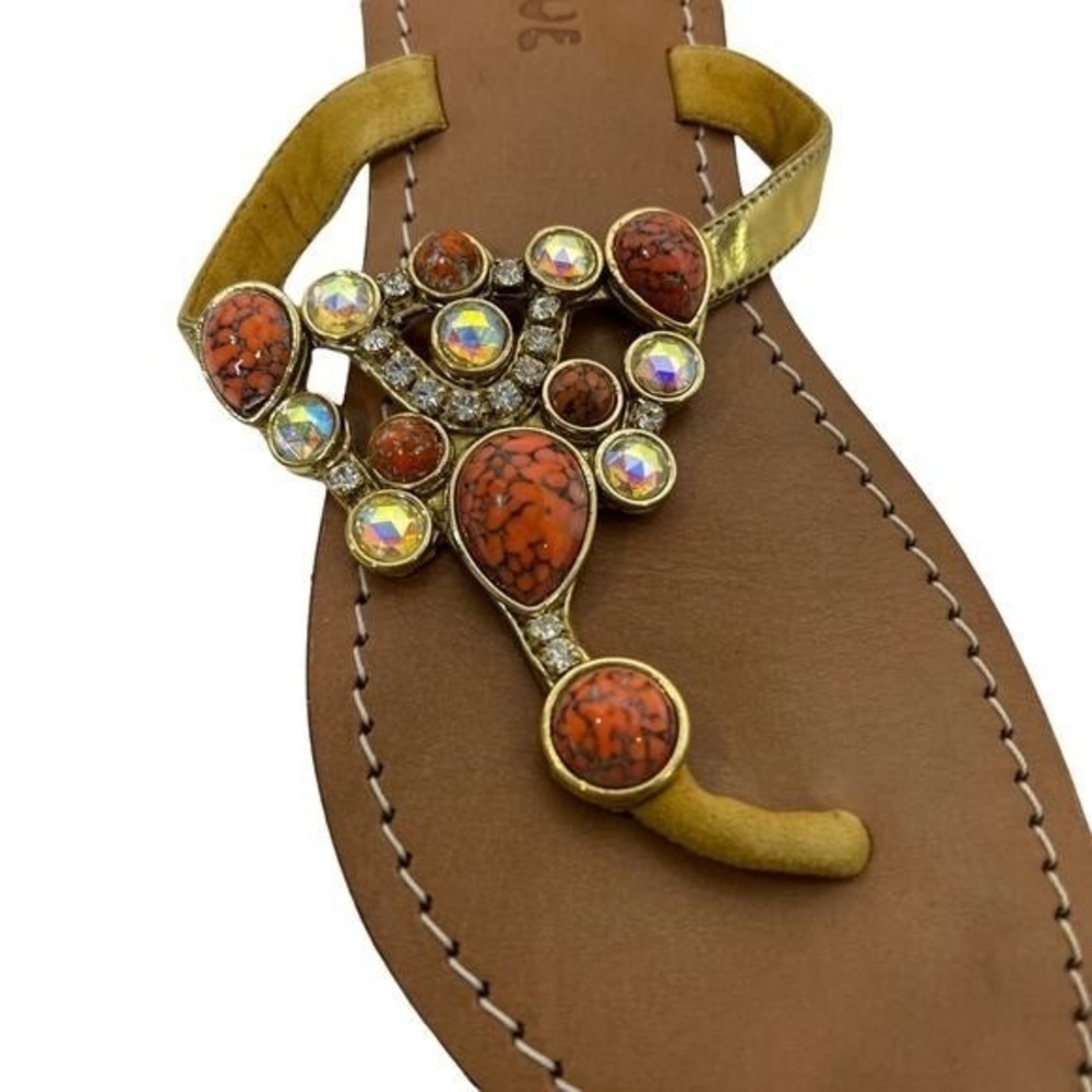 Mystique Gold Leather Jeweled Thong Sandals Orange Faux Turquoise Crystal Flat - Picture 6 of 11